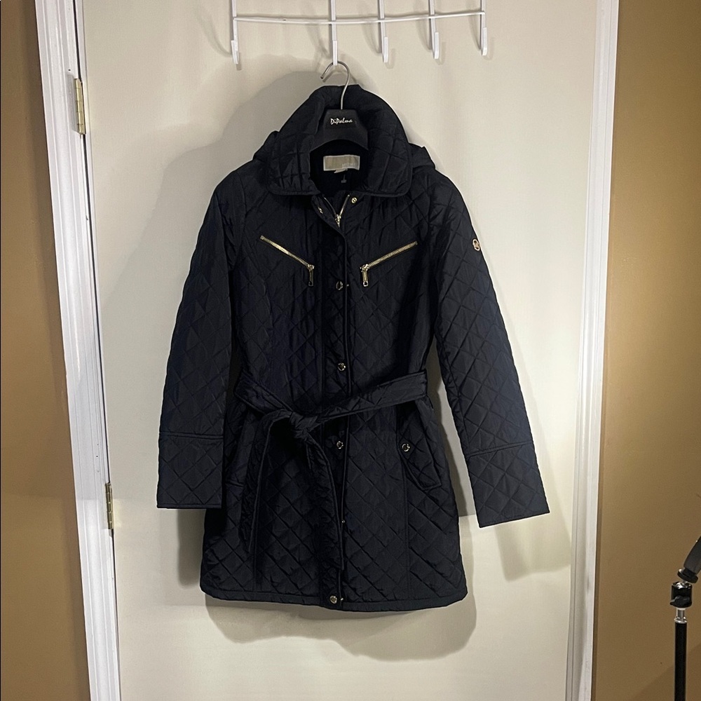NWOT MICHAEL Michael Kors Black Quilted Trench Coat with Gold Zippers - Picture 1 of 17